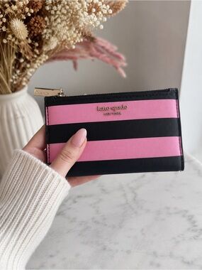 kate spade Pink and Black Striped Zip Wallet with Gold Hardware